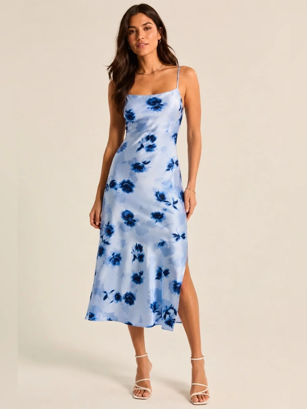 Abercrombie &Fitch Camille Midi Blue Floral Satin Slip Dress Small Petite NWT